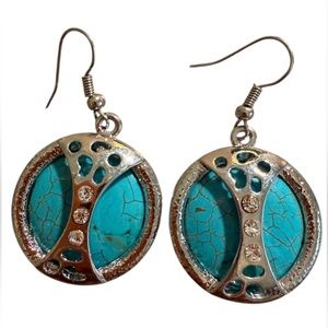 #690 Turquoise Inlay & Silver-Toned Disc Drop Earrings Southwestern Boho